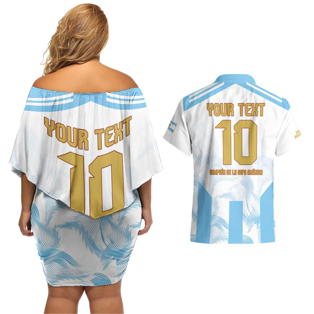 Argentina Champions Football Custom Couples Matching Off Shoulder Short Dress and Hawaiian Shirt Campeon de America LT9 - Wonder Print Shop