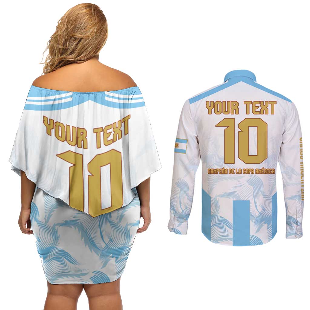 Argentina Champions Football Custom Couples Matching Off Shoulder Short Dress and Long Sleeve Button Shirt Campeon de America LT9 - Wonder Print Shop