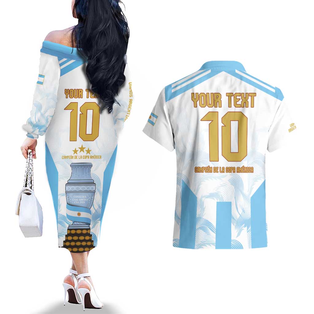 Argentina Champions Football Custom Couples Matching Off The Shoulder Long Sleeve Dress and Hawaiian Shirt Campeon de America LT9 - Wonder Print Shop