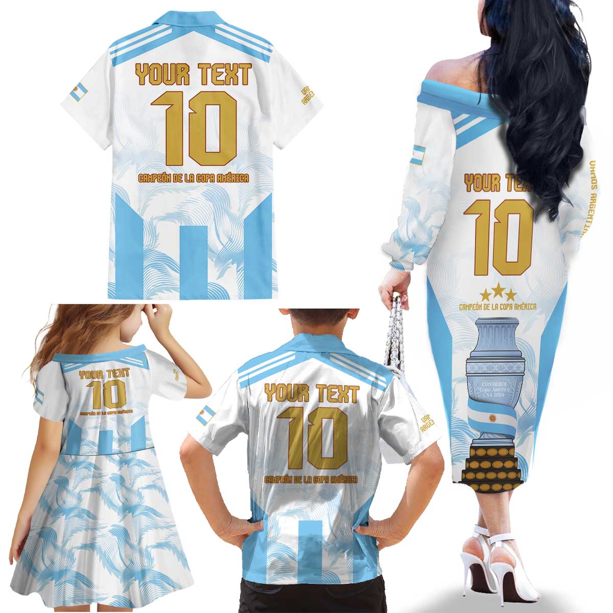 Argentina Champions Football Custom Family Matching Off The Shoulder Long Sleeve Dress and Hawaiian Shirt Campeon de America - Wonder Print Shop