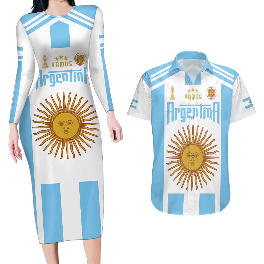 Vamos Argentina Champions Football Custom Couples Matching Long Sleeve Bodycon Dress and Hawaiian Shirt White and Sky Blue LT9 - Wonder Print Shop