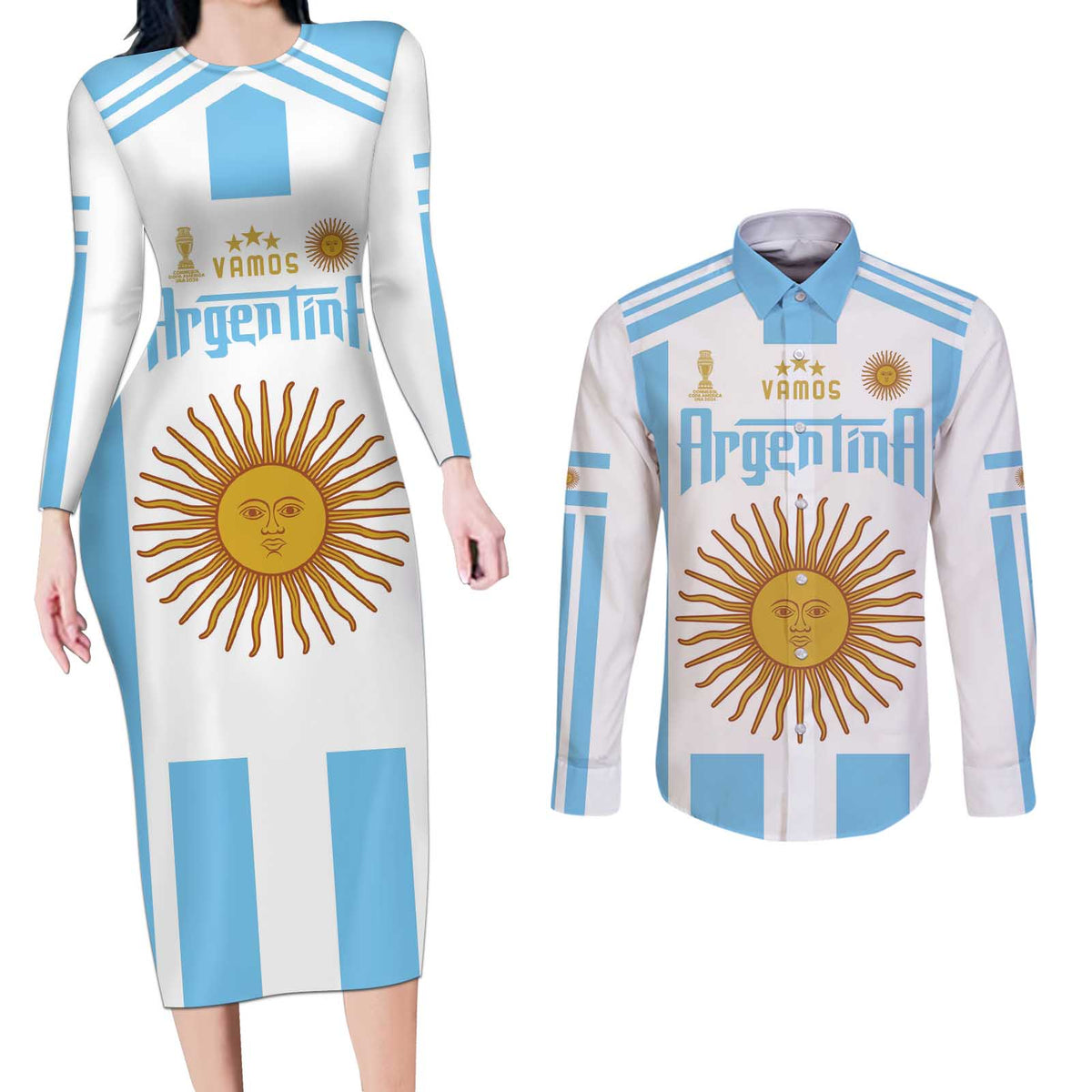 Vamos Argentina Champions Football Custom Couples Matching Long Sleeve Bodycon Dress and Long Sleeve Button Shirt White and Sky Blue LT9 - Wonder Print Shop