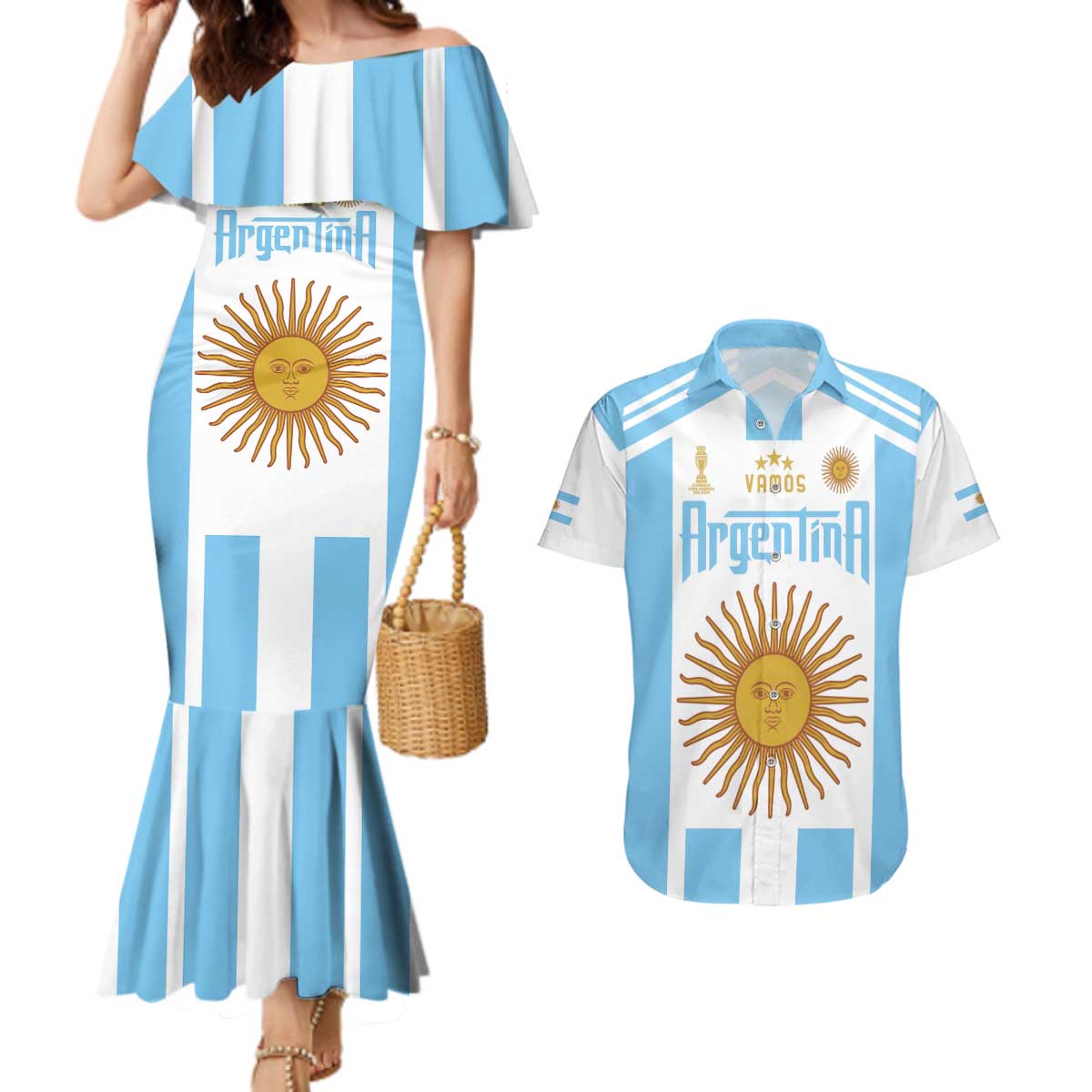 Vamos Argentina Champions Football Custom Couples Matching Mermaid Dress and Hawaiian Shirt White and Sky Blue LT9 - Wonder Print Shop