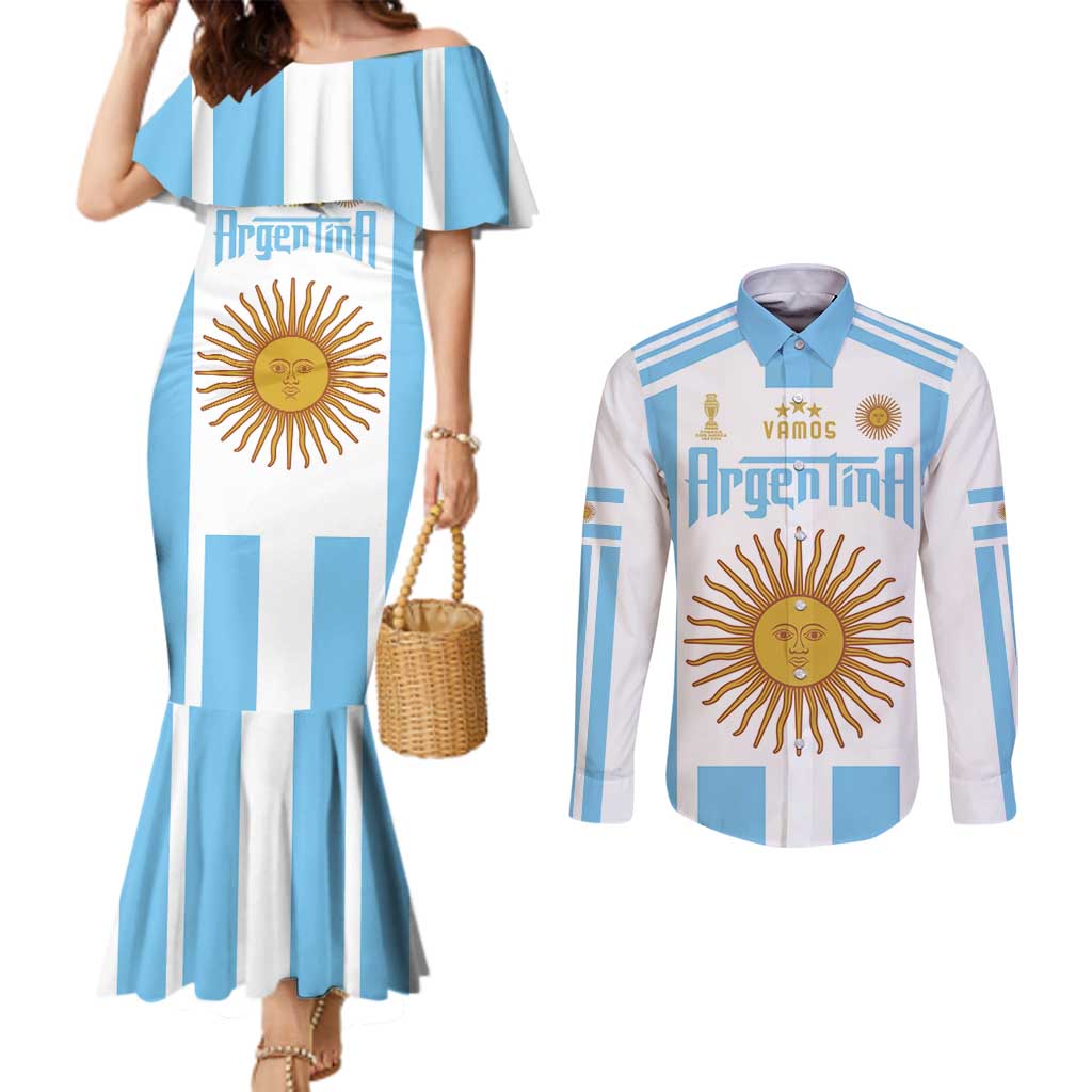 Vamos Argentina Champions Football Custom Couples Matching Mermaid Dress and Long Sleeve Button Shirt White and Sky Blue