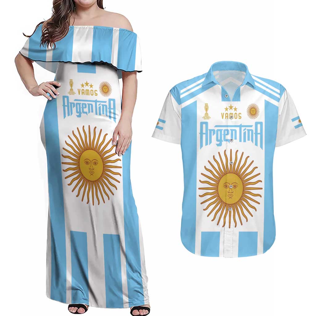 Vamos Argentina Champions Football Custom Couples Matching Off Shoulder Maxi Dress and Hawaiian Shirt White and Sky Blue LT9 - Wonder Print Shop