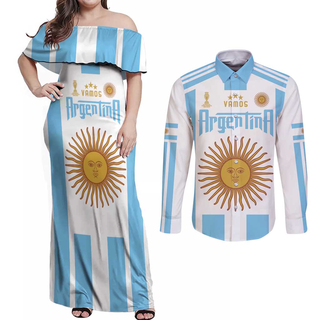 Vamos Argentina Champions Football Custom Couples Matching Off Shoulder Maxi Dress and Long Sleeve Button Shirt White and Sky Blue LT9 - Wonder Print Shop