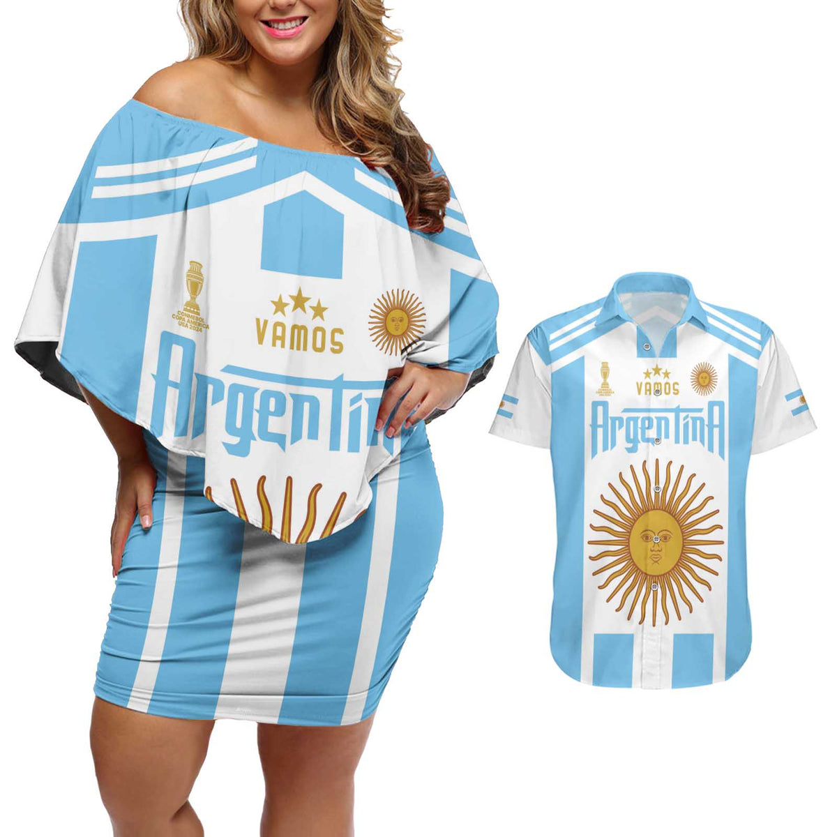 Vamos Argentina Champions Football Custom Couples Matching Off Shoulder Short Dress and Hawaiian Shirt White and Sky Blue LT9 - Wonder Print Shop