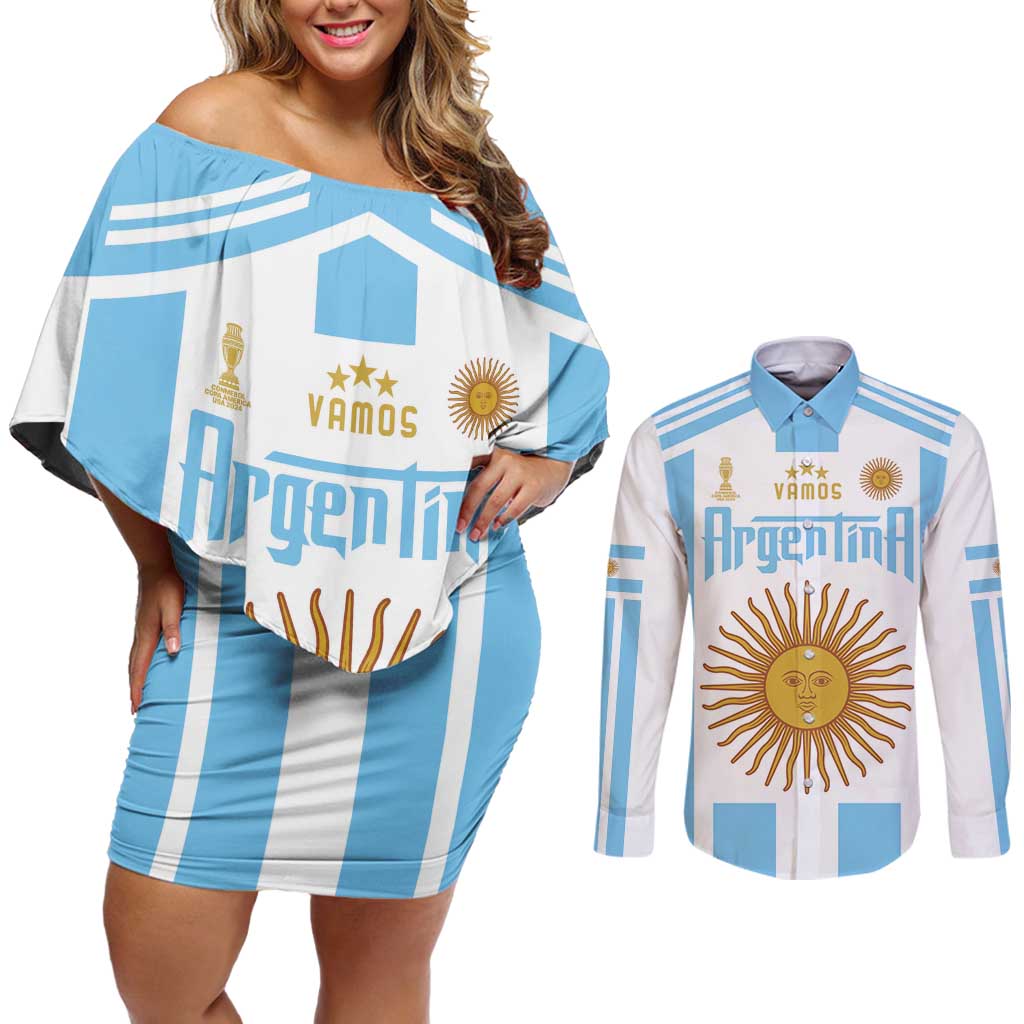 Vamos Argentina Champions Football Custom Couples Matching Off Shoulder Short Dress and Long Sleeve Button Shirt White and Sky Blue LT9 - Wonder Print Shop