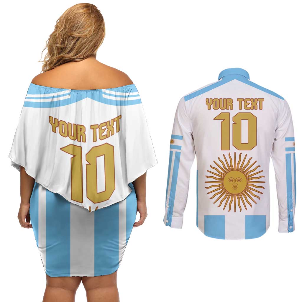 Vamos Argentina Champions Football Custom Couples Matching Off Shoulder Short Dress and Long Sleeve Button Shirt White and Sky Blue LT9 - Wonder Print Shop