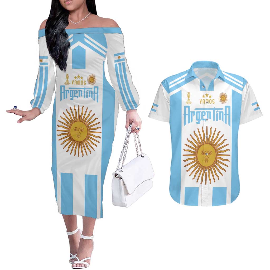 Vamos Argentina Champions Football Custom Couples Matching Off The Shoulder Long Sleeve Dress and Hawaiian Shirt White and Sky Blue LT9 - Wonder Print Shop