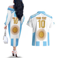 Vamos Argentina Champions Football Custom Couples Matching Off The Shoulder Long Sleeve Dress and Hawaiian Shirt White and Sky Blue LT9 - Wonder Print Shop