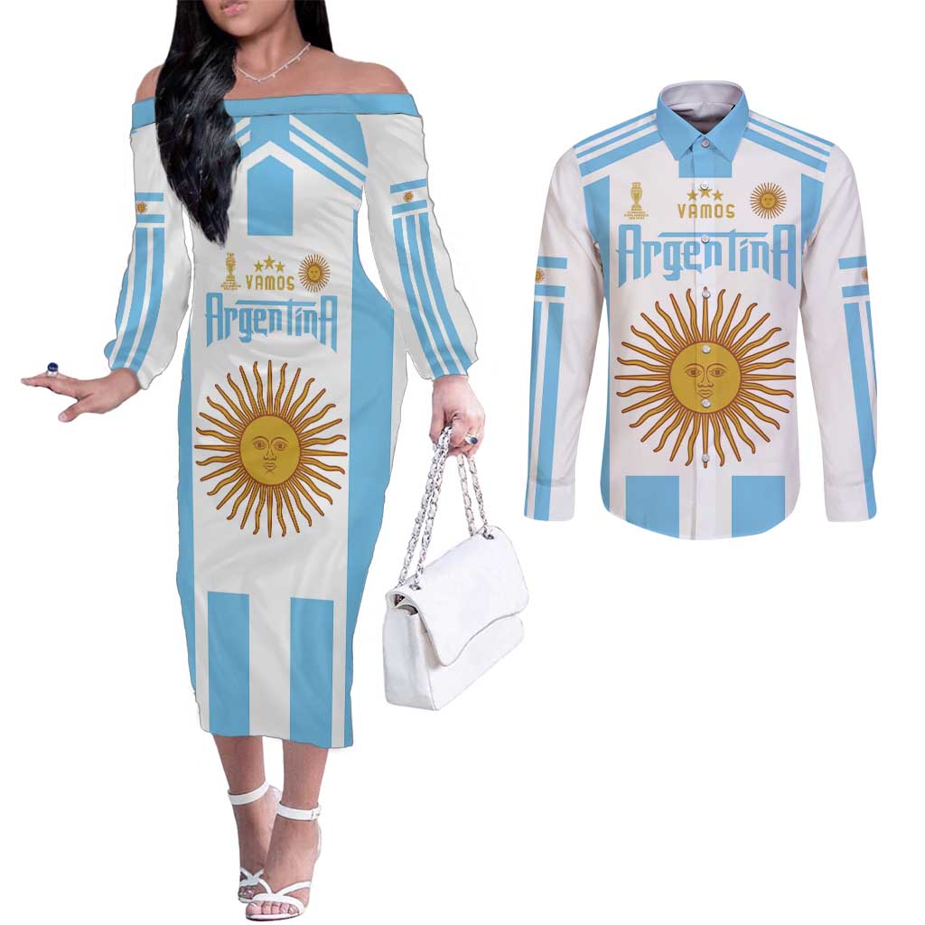 Vamos Argentina Champions Football Custom Couples Matching Off The Shoulder Long Sleeve Dress and Long Sleeve Button Shirt White and Sky Blue