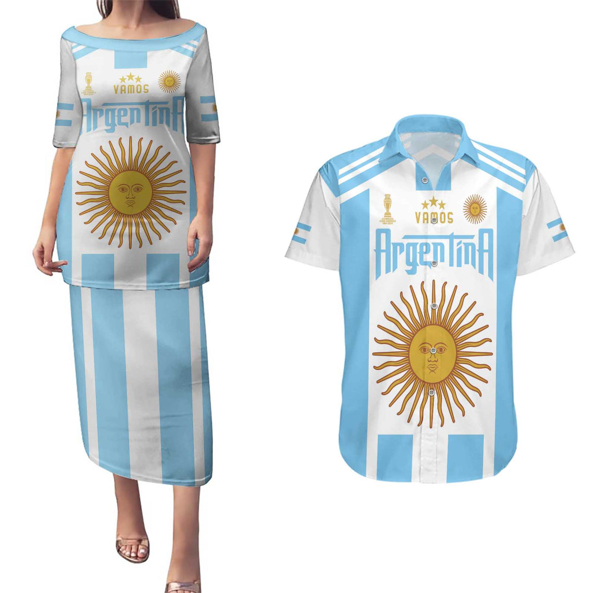 Vamos Argentina Champions Football Custom Couples Matching Puletasi and Hawaiian Shirt White and Sky Blue LT9 - Wonder Print Shop