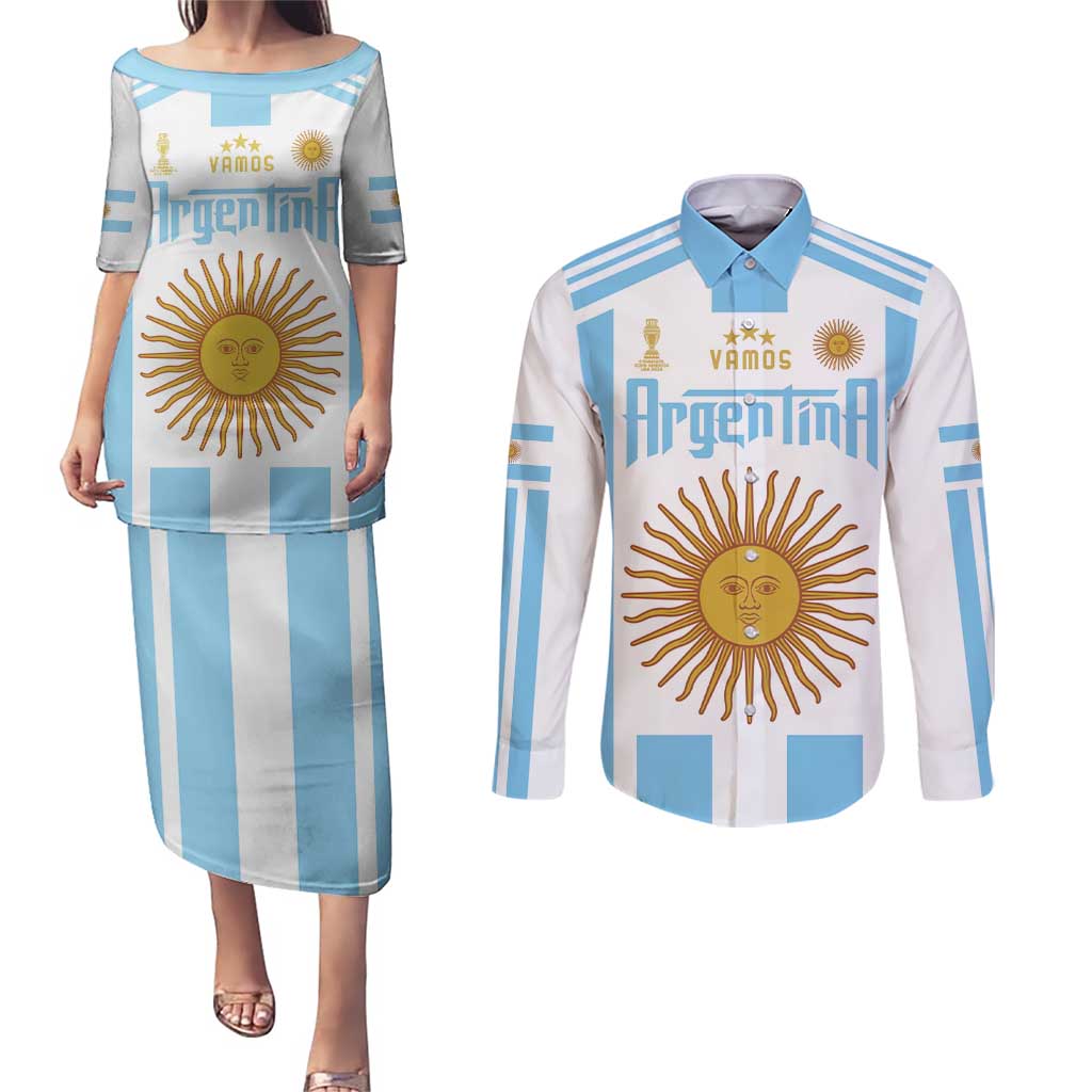 Vamos Argentina Champions Football Custom Couples Matching Puletasi and Long Sleeve Button Shirt White and Sky Blue LT9 - Wonder Print Shop