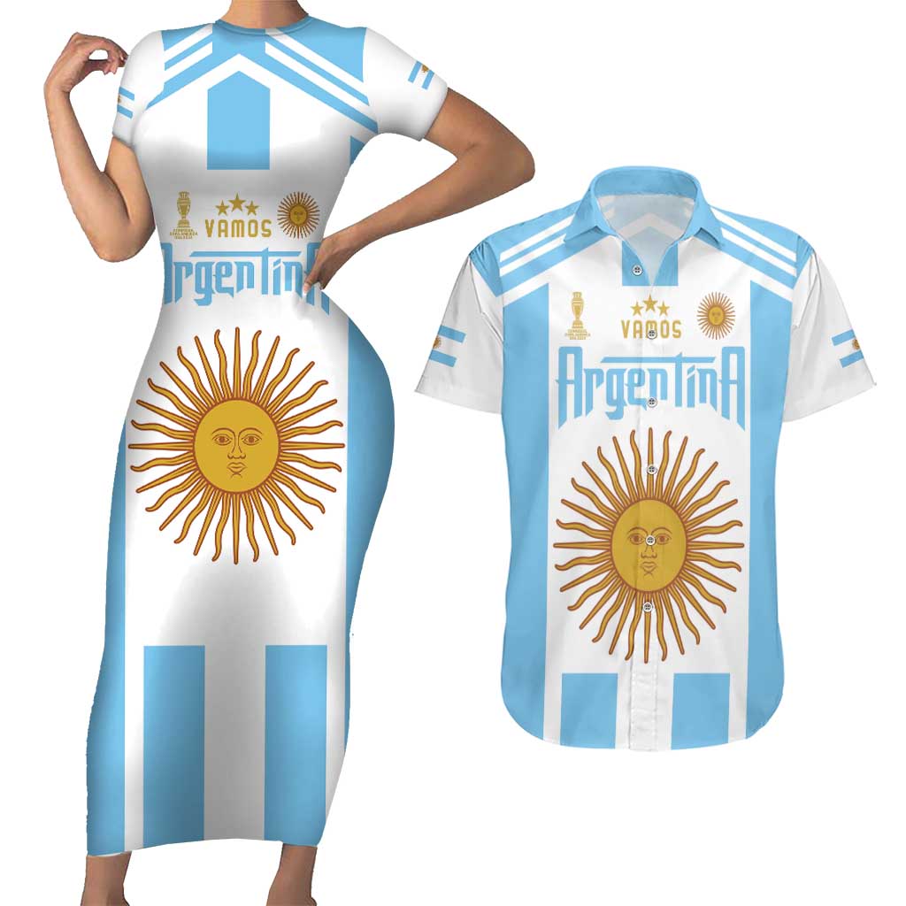 Vamos Argentina Champions Football Custom Couples Matching Short Sleeve Bodycon Dress and Hawaiian Shirt White and Sky Blue LT9 - Wonder Print Shop