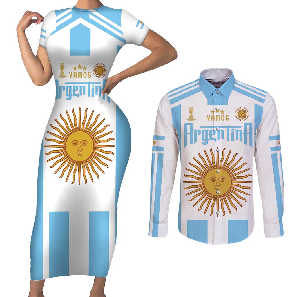 Vamos Argentina Champions Football Custom Couples Matching Short Sleeve Bodycon Dress and Long Sleeve Button Shirt White and Sky Blue LT9 - Wonder Print Shop