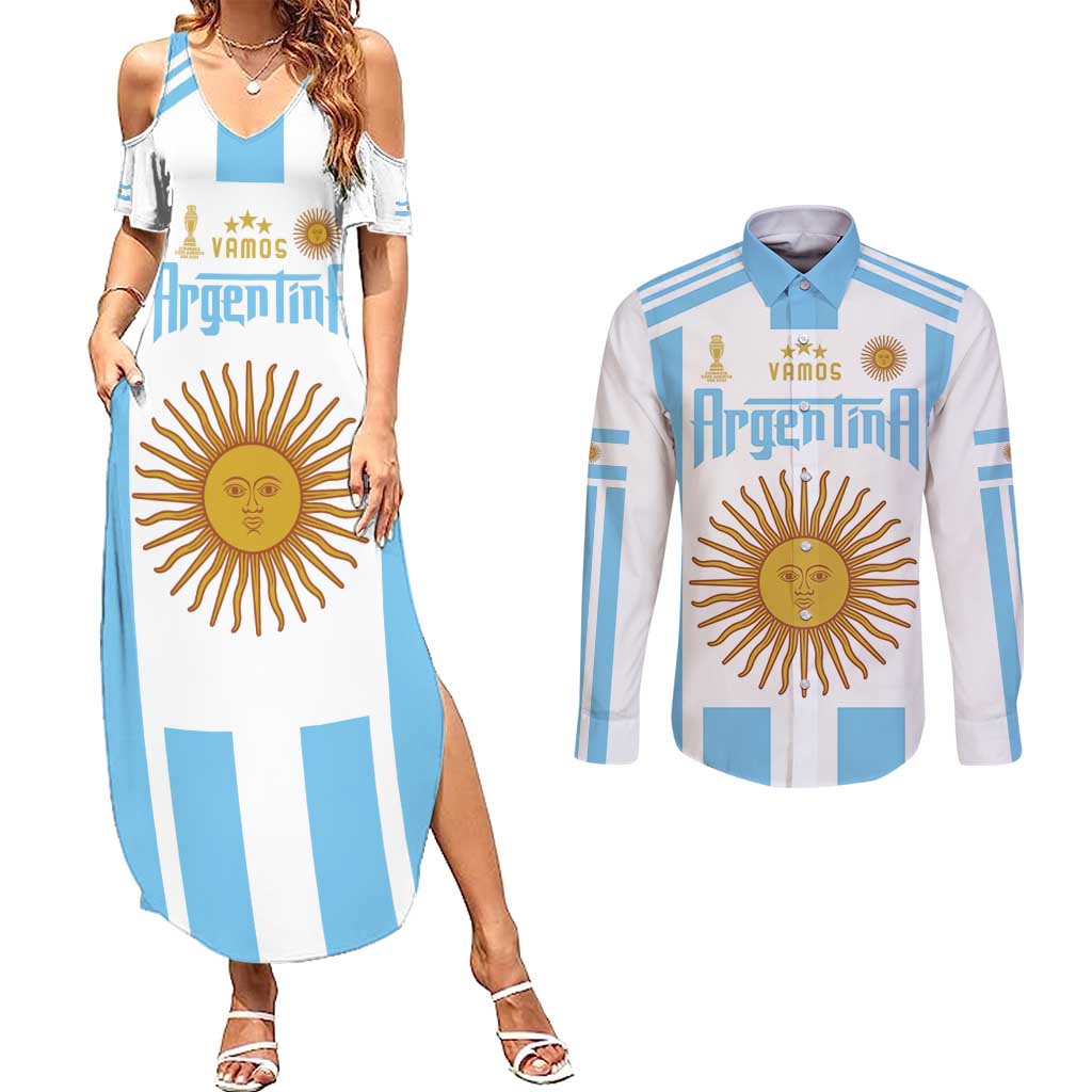 Vamos Argentina Champions Football Custom Couples Matching Summer Maxi Dress and Long Sleeve Button Shirt White and Sky Blue LT9 - Wonder Print Shop