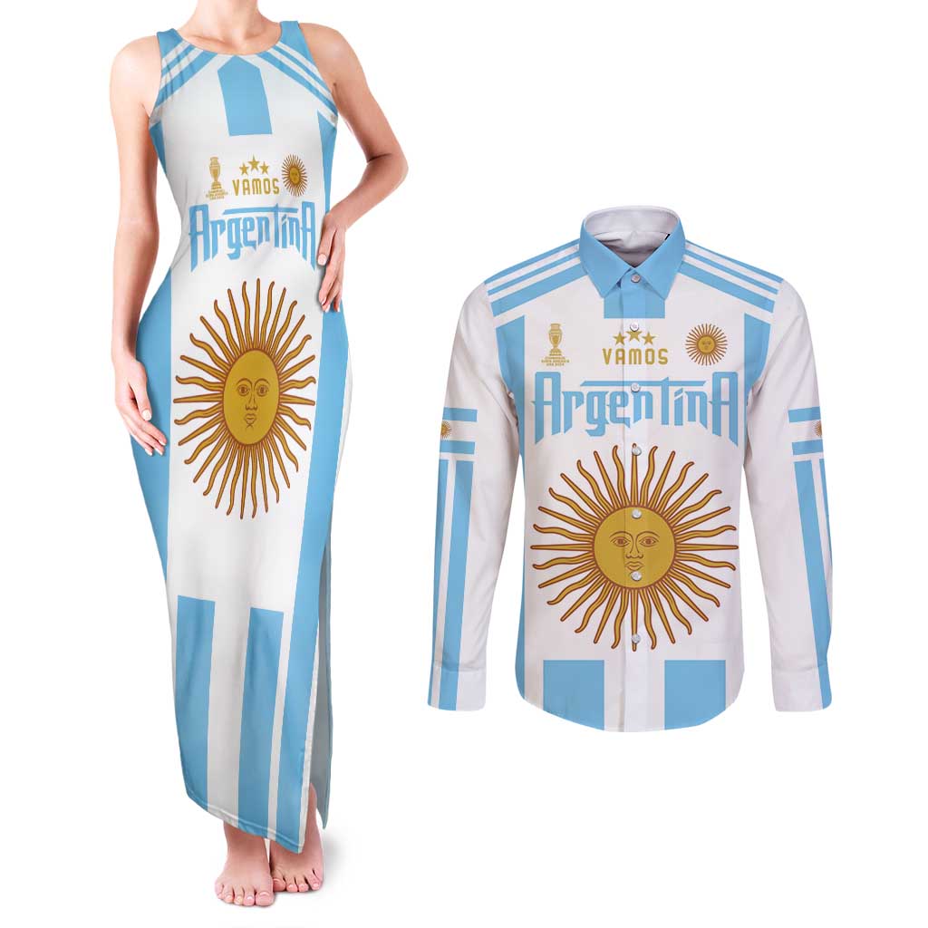 Vamos Argentina Champions Football Custom Couples Matching Tank Maxi Dress and Long Sleeve Button Shirt White and Sky Blue LT9 - Wonder Print Shop