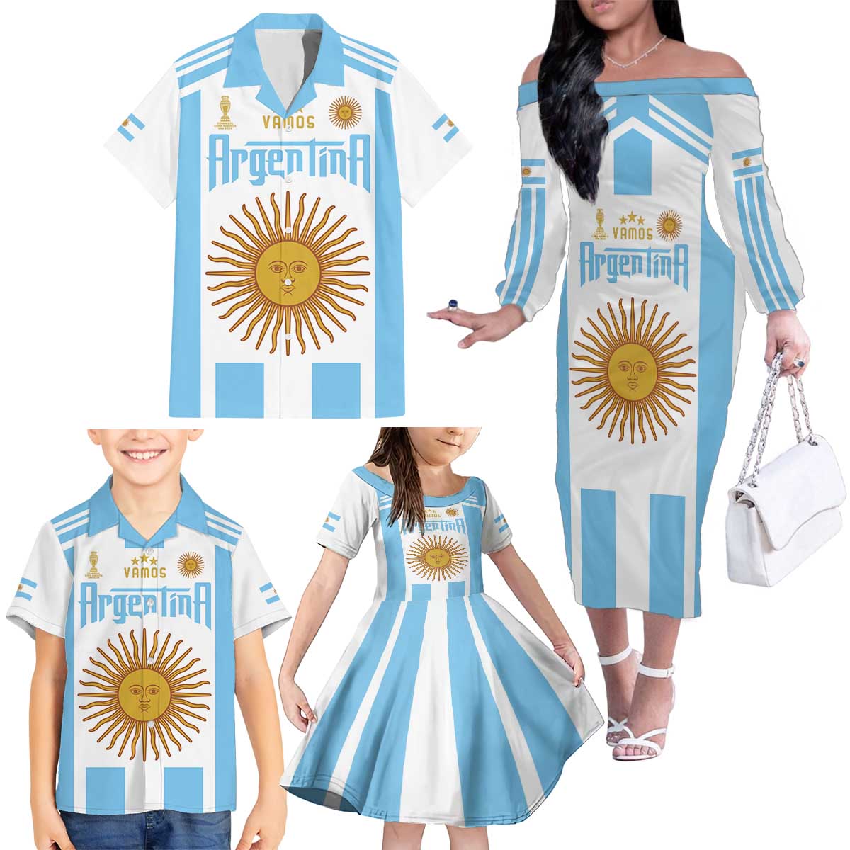 Vamos Argentina Champions Football Custom Family Matching Off The Shoulder Long Sleeve Dress and Hawaiian Shirt White and Sky Blue - Wonder Print Shop
