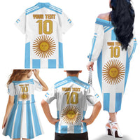 Vamos Argentina Champions Football Custom Family Matching Off The Shoulder Long Sleeve Dress and Hawaiian Shirt White and Sky Blue - Wonder Print Shop