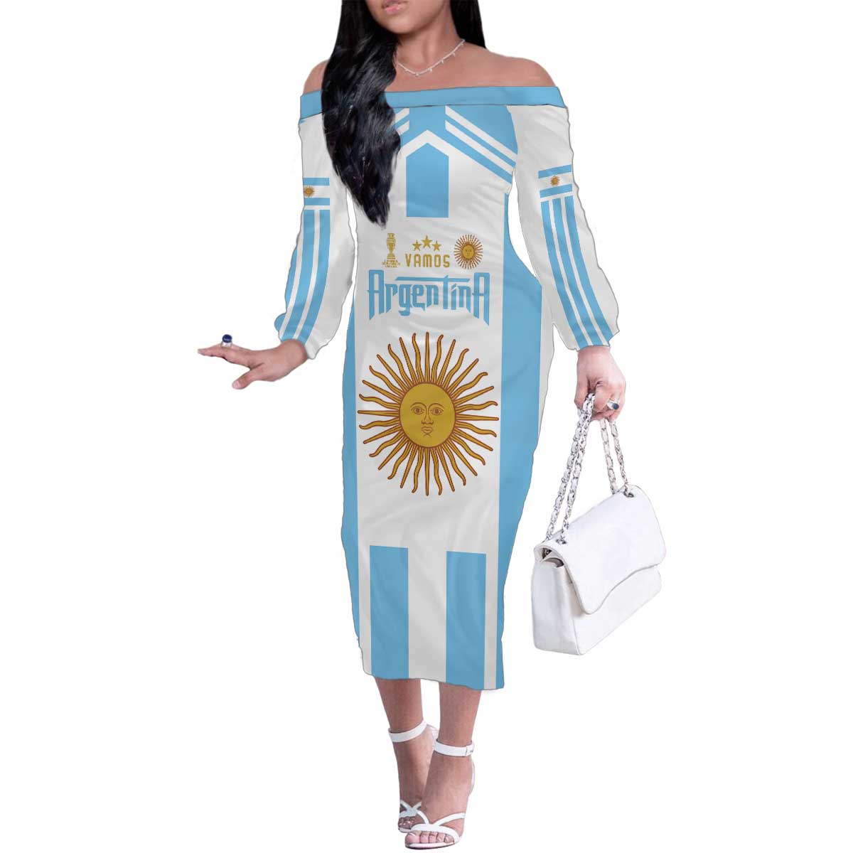 Vamos Argentina Champions Football Custom Family Matching Off The Shoulder Long Sleeve Dress and Hawaiian Shirt White and Sky Blue - Wonder Print Shop