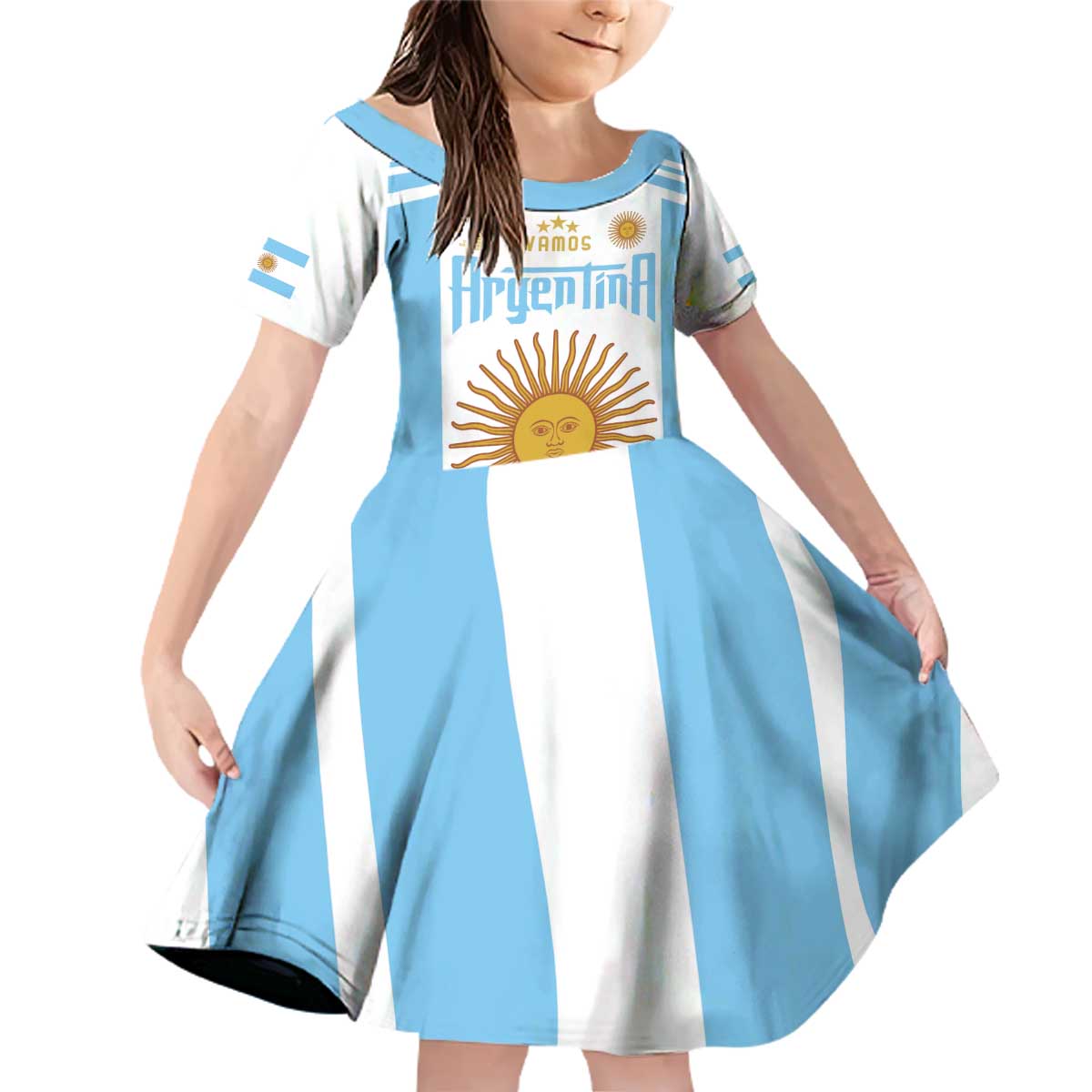 Vamos Argentina Champions Football Custom Family Matching Off Shoulder Short Dress and Hawaiian Shirt White and Sky Blue LT9 - Wonder Print Shop