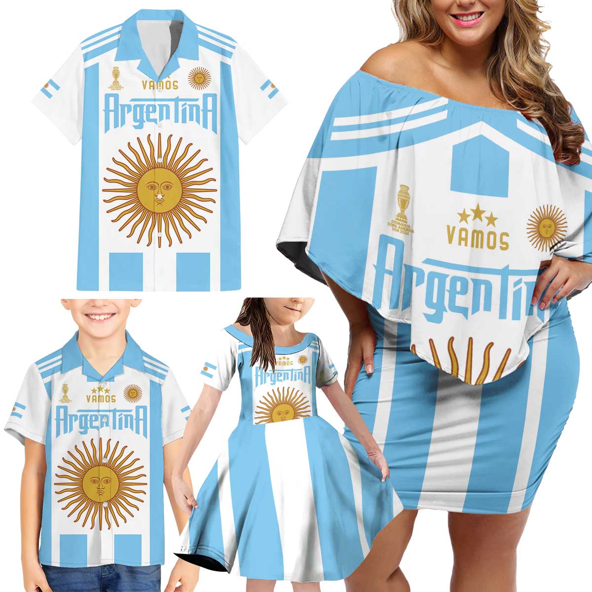 Vamos Argentina Champions Football Custom Family Matching Off Shoulder Short Dress and Hawaiian Shirt White and Sky Blue LT9 - Wonder Print Shop