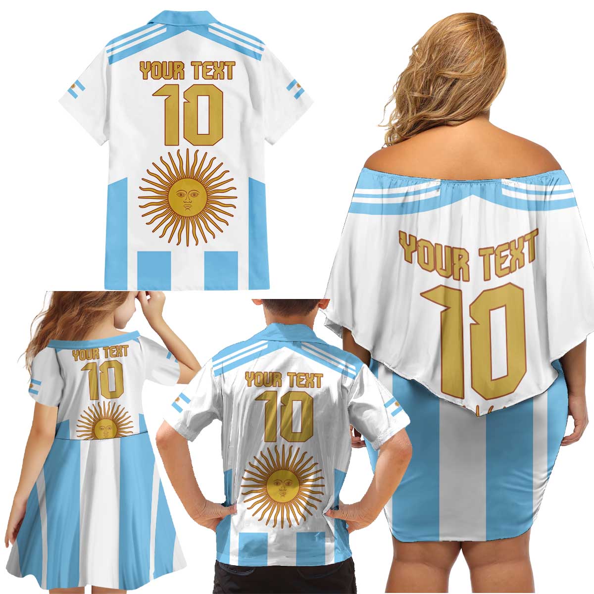 Vamos Argentina Champions Football Custom Family Matching Off Shoulder Short Dress and Hawaiian Shirt White and Sky Blue LT9 - Wonder Print Shop