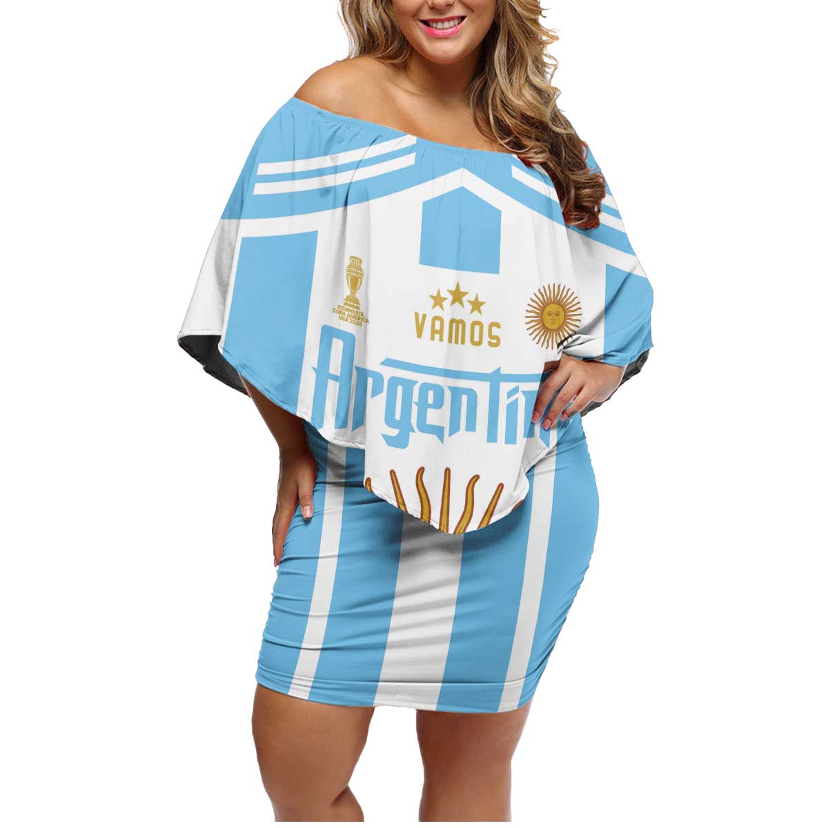 Vamos Argentina Champions Football Custom Family Matching Off Shoulder Short Dress and Hawaiian Shirt White and Sky Blue LT9 - Wonder Print Shop