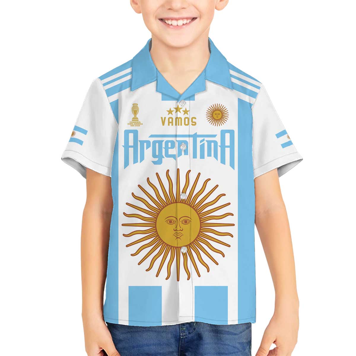 Vamos Argentina Champions Football Custom Family Matching Off Shoulder Short Dress and Hawaiian Shirt White and Sky Blue LT9 - Wonder Print Shop