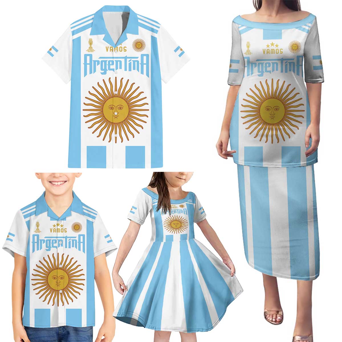 Vamos Argentina Champions Football Custom Family Matching Puletasi and Hawaiian Shirt White and Sky Blue - Wonder Print Shop