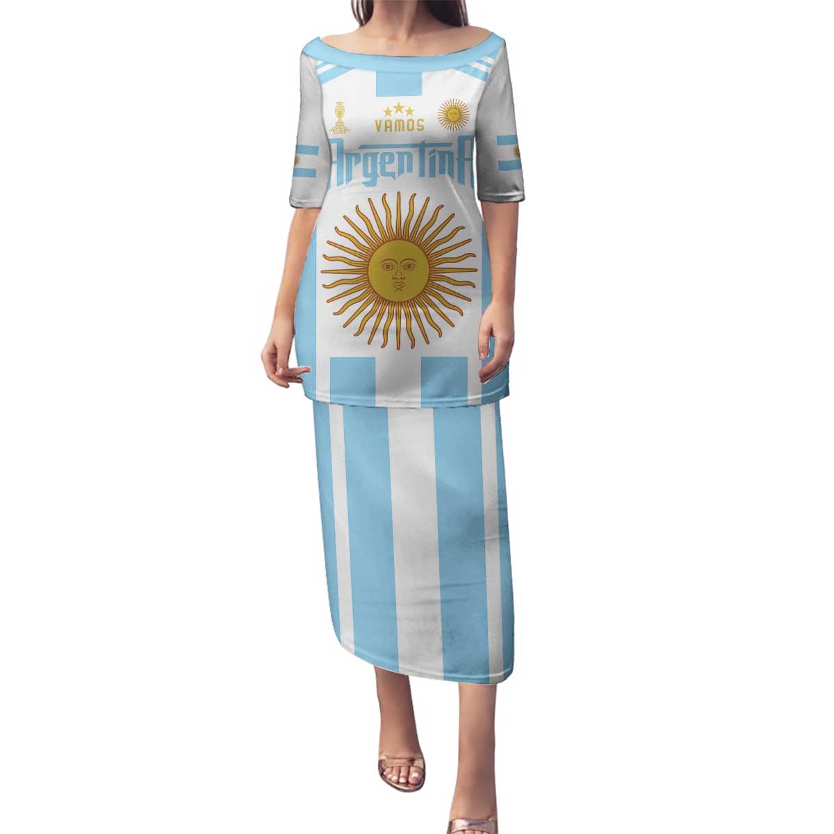 Vamos Argentina Champions Football Custom Family Matching Puletasi and Hawaiian Shirt White and Sky Blue - Wonder Print Shop