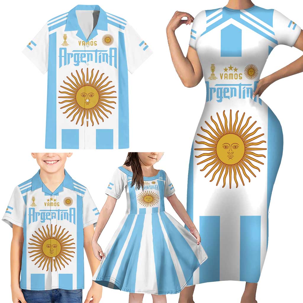 Vamos Argentina Champions Football Custom Family Matching Short Sleeve Bodycon Dress and Hawaiian Shirt White and Sky Blue - Wonder Print Shop