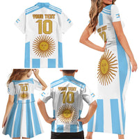 Vamos Argentina Champions Football Custom Family Matching Short Sleeve Bodycon Dress and Hawaiian Shirt White and Sky Blue - Wonder Print Shop
