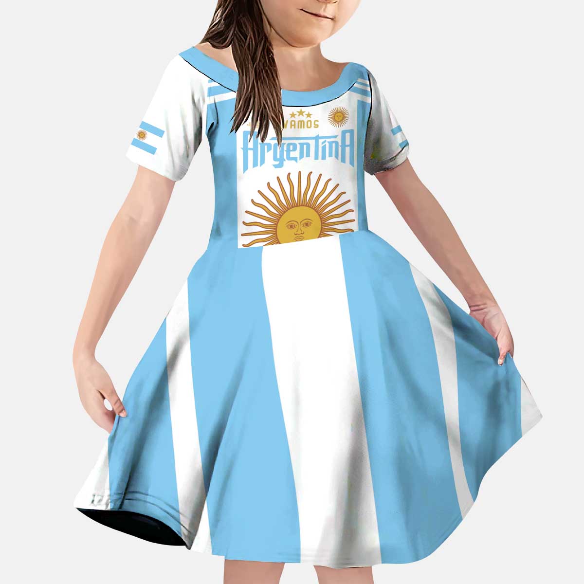 Vamos Argentina Champions Football Custom Kid Short Sleeve Dress White and Sky Blue - Wonder Print Shop