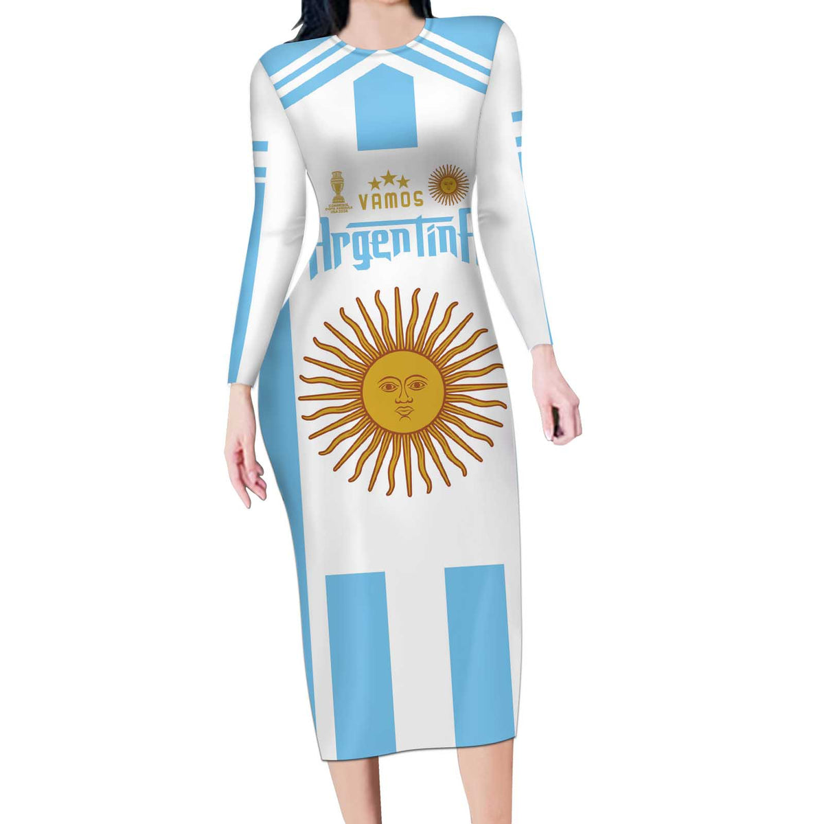 Vamos Argentina Champions Football Custom Long Sleeve Bodycon Dress White and Sky Blue - Wonder Print Shop