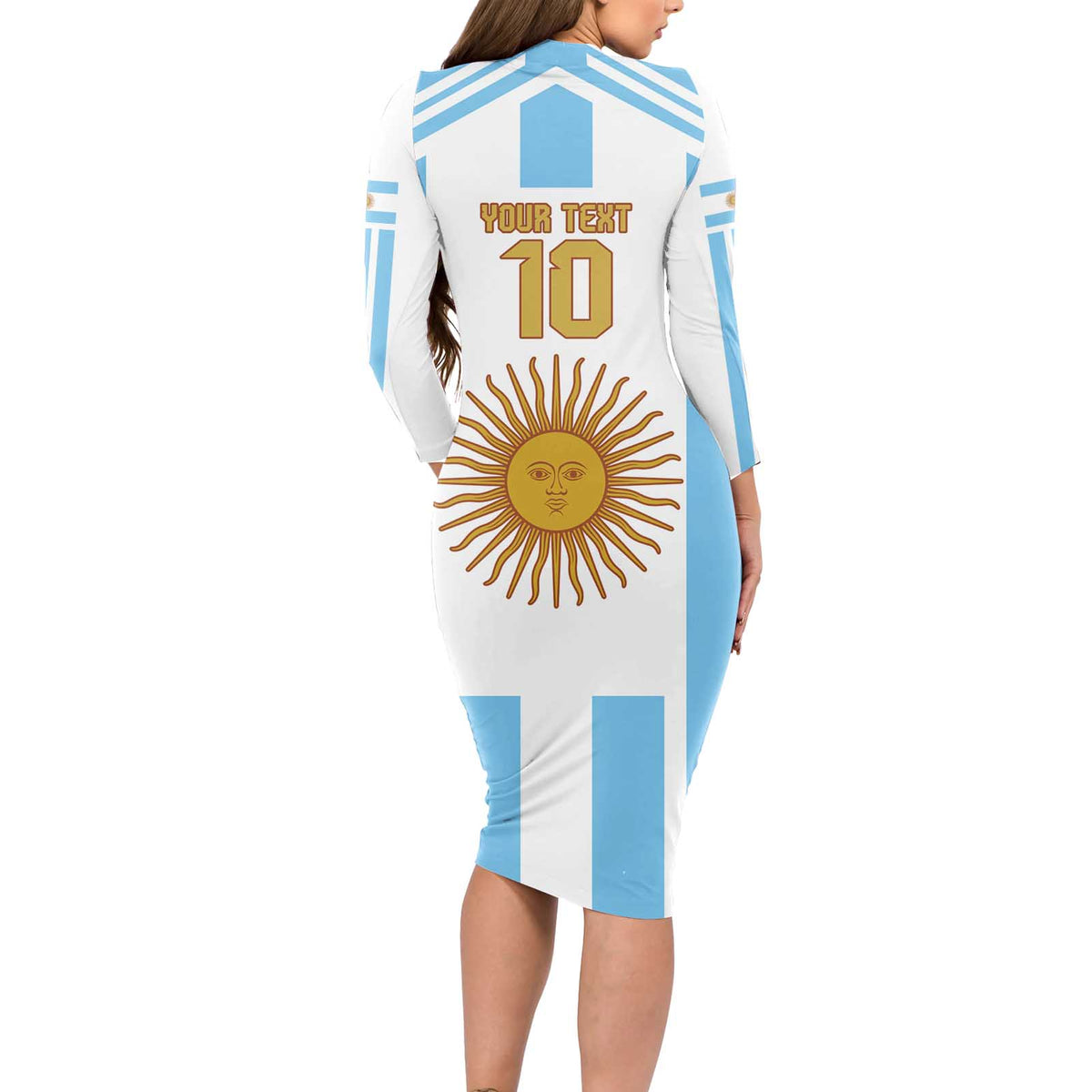 Vamos Argentina Champions Football Custom Long Sleeve Bodycon Dress White and Sky Blue - Wonder Print Shop