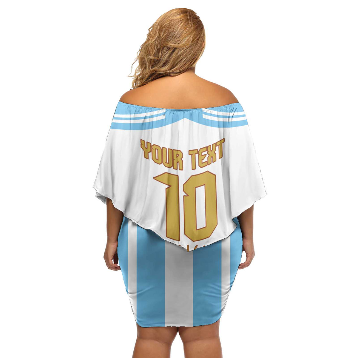 Vamos Argentina Champions Football Custom Off Shoulder Short Dress White and Sky Blue - Wonder Print Shop