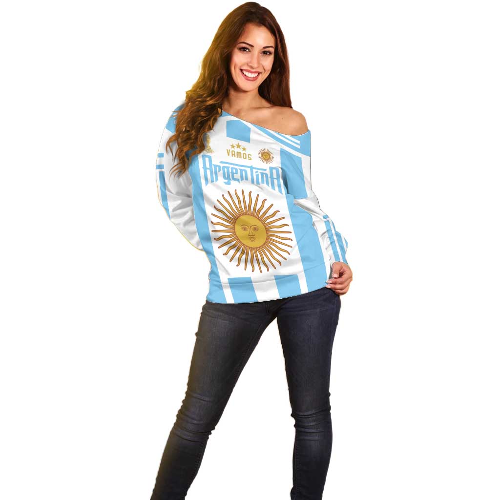 Vamos Argentina Champions Football Custom Off Shoulder Sweater White and Sky Blue - Wonder Print Shop