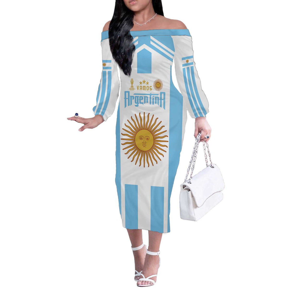 Vamos Argentina Champions Football Custom Off The Shoulder Long Sleeve Dress White and Sky Blue - Wonder Print Shop
