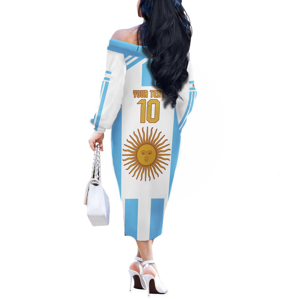 Vamos Argentina Champions Football Custom Off The Shoulder Long Sleeve Dress White and Sky Blue - Wonder Print Shop