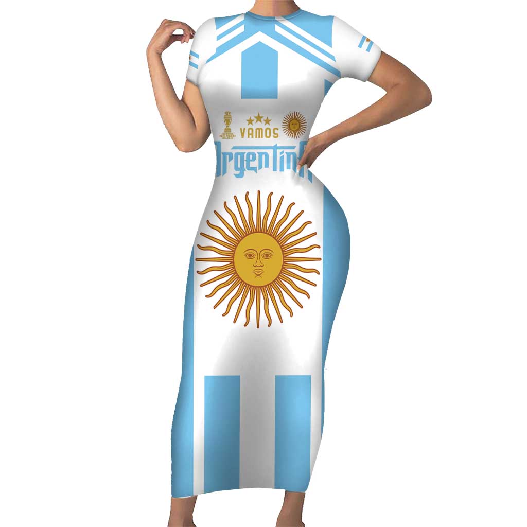 Vamos Argentina Champions Football Custom Short Sleeve Bodycon Dress White and Sky Blue - Wonder Print Shop
