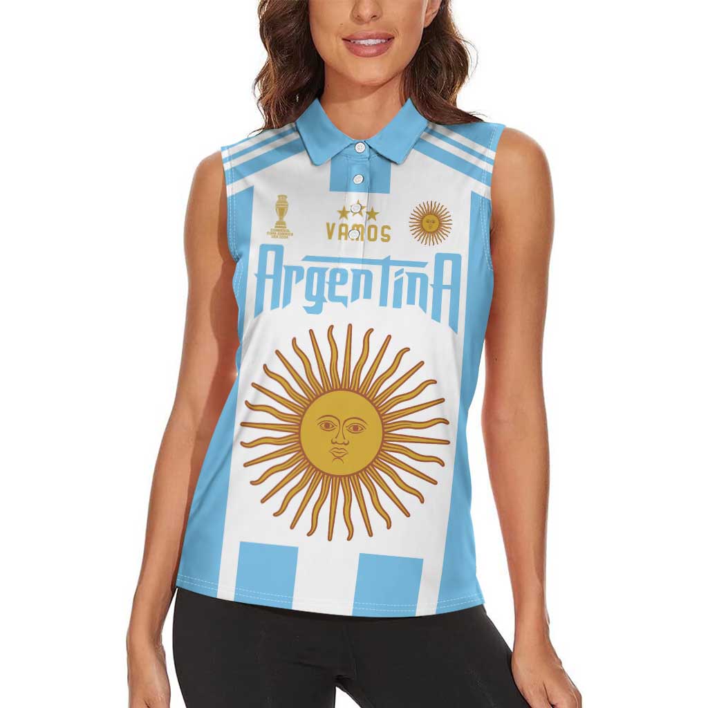 Vamos Argentina Champions Football Custom Women Sleeveless Polo Shirt White and Sky Blue - Wonder Print Shop