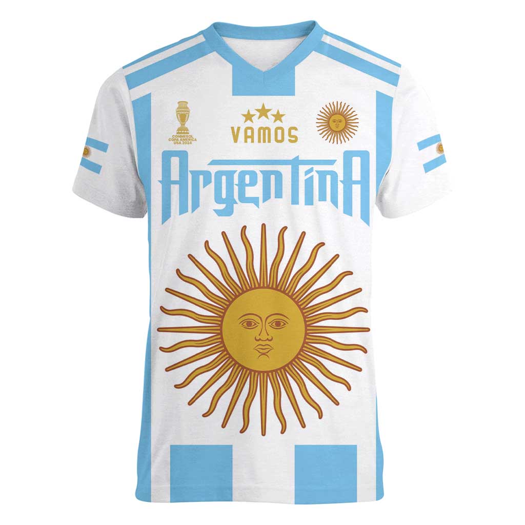 Vamos Argentina Champions Football Custom Women V-Neck T-Shirt White and Sky Blue - Wonder Print Shop