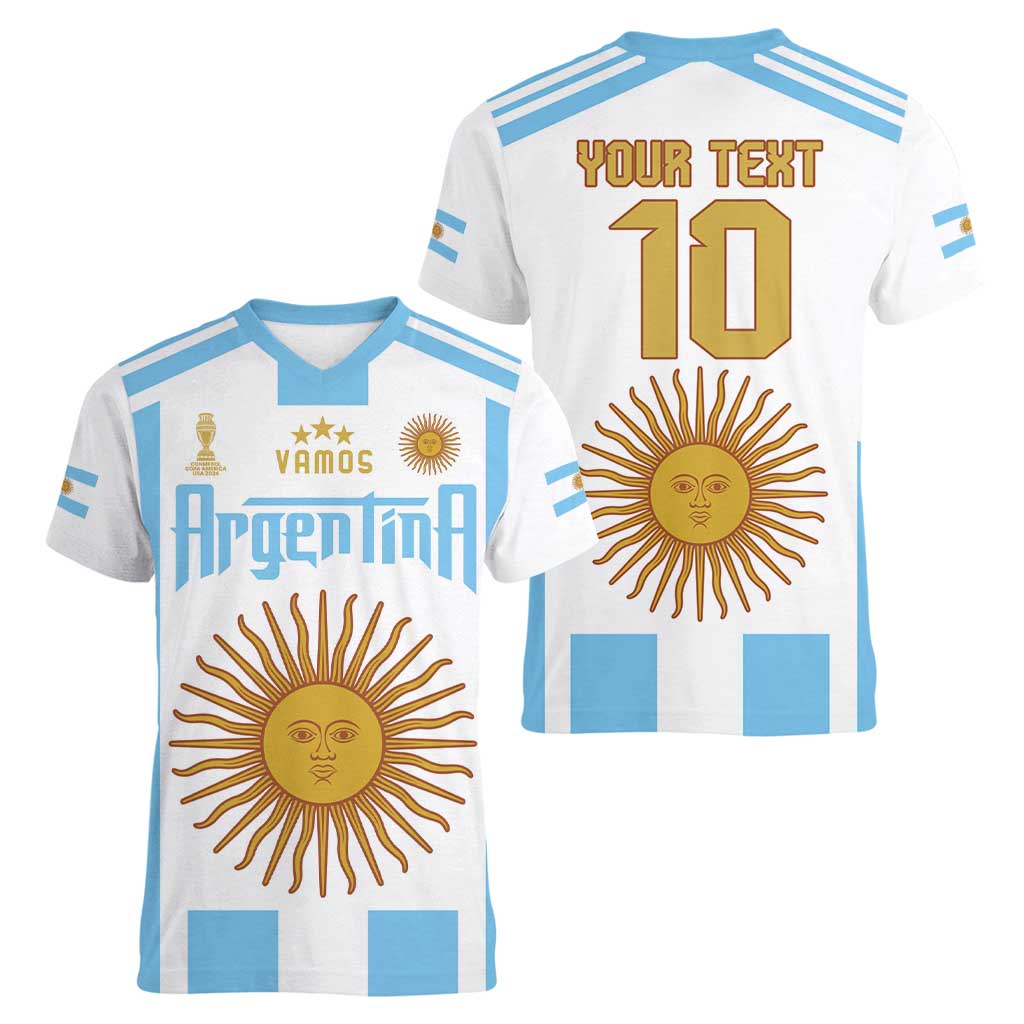 Vamos Argentina Champions Football Custom Women V-Neck T-Shirt White and Sky Blue - Wonder Print Shop