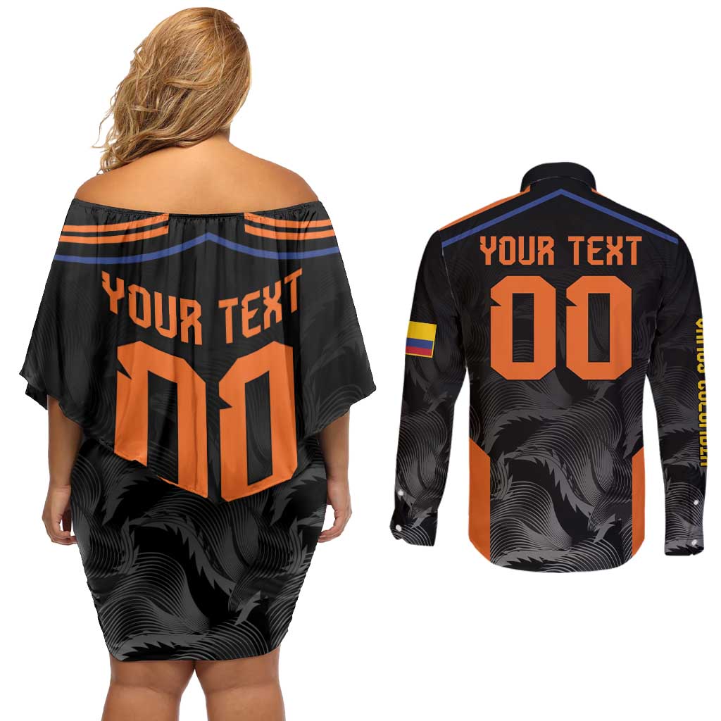 Colombia Champion Football Custom Couples Matching Off Shoulder Short Dress and Long Sleeve Button Shirt Los Cafeteros Black Style LT9 - Wonder Print Shop