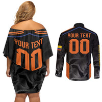 Colombia Champion Football Custom Couples Matching Off Shoulder Short Dress and Long Sleeve Button Shirt Los Cafeteros Black Style LT9 - Wonder Print Shop