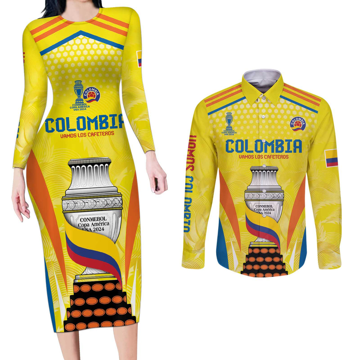 Colombia Champion Football Custom Couples Matching Long Sleeve Bodycon Dress and Long Sleeve Button Shirt Los Cafeteros Somos Campeones LT9 - Wonder Print Shop