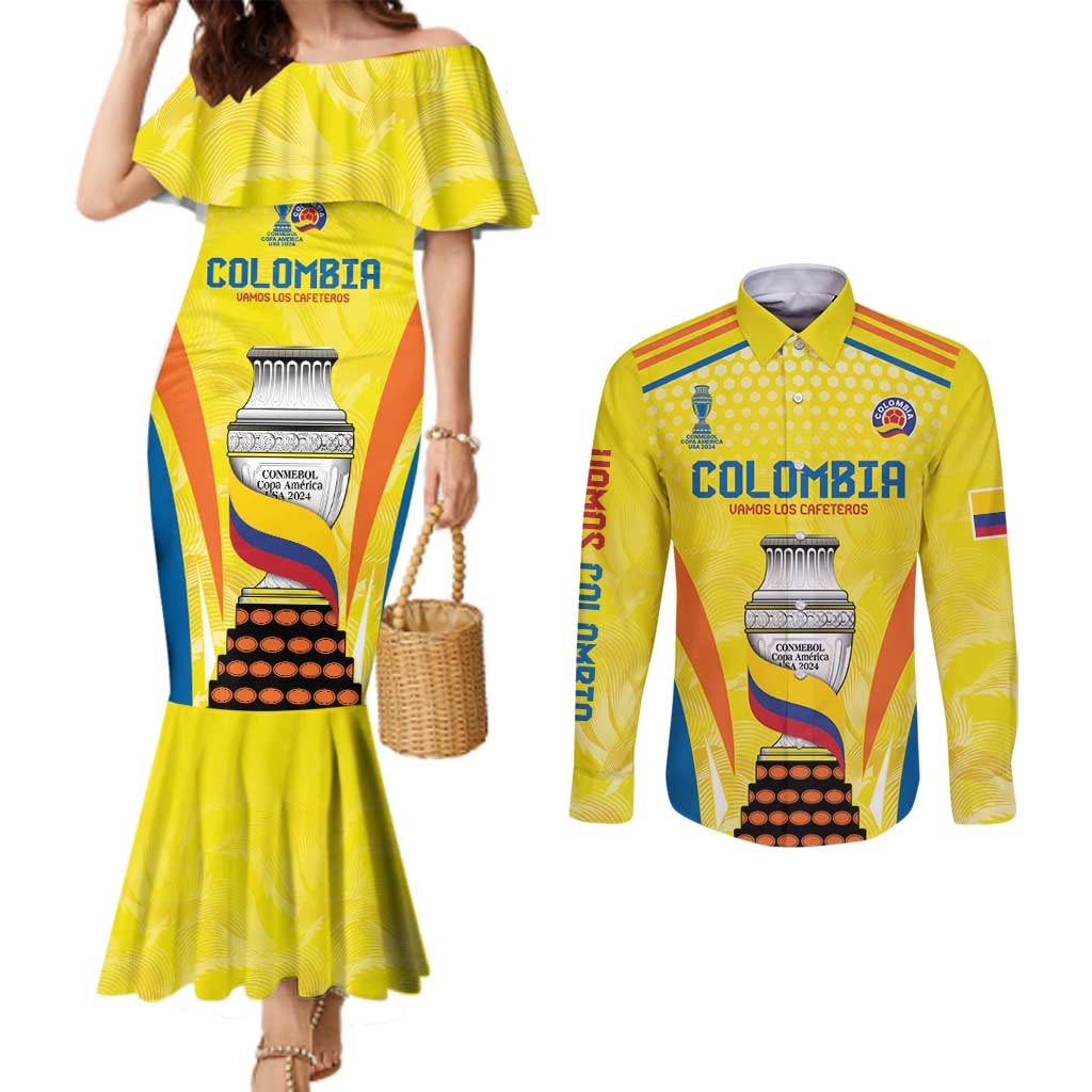 Colombia Champion Football Custom Couples Matching Mermaid Dress and Long Sleeve Button Shirt Los Cafeteros Somos Campeones