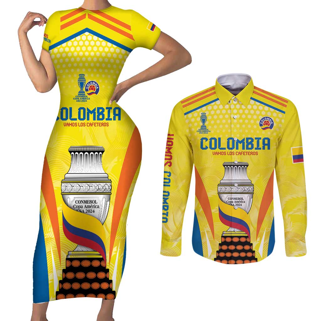 Colombia Champion Football Custom Couples Matching Short Sleeve Bodycon Dress and Long Sleeve Button Shirt Los Cafeteros Somos Campeones LT9 - Wonder Print Shop